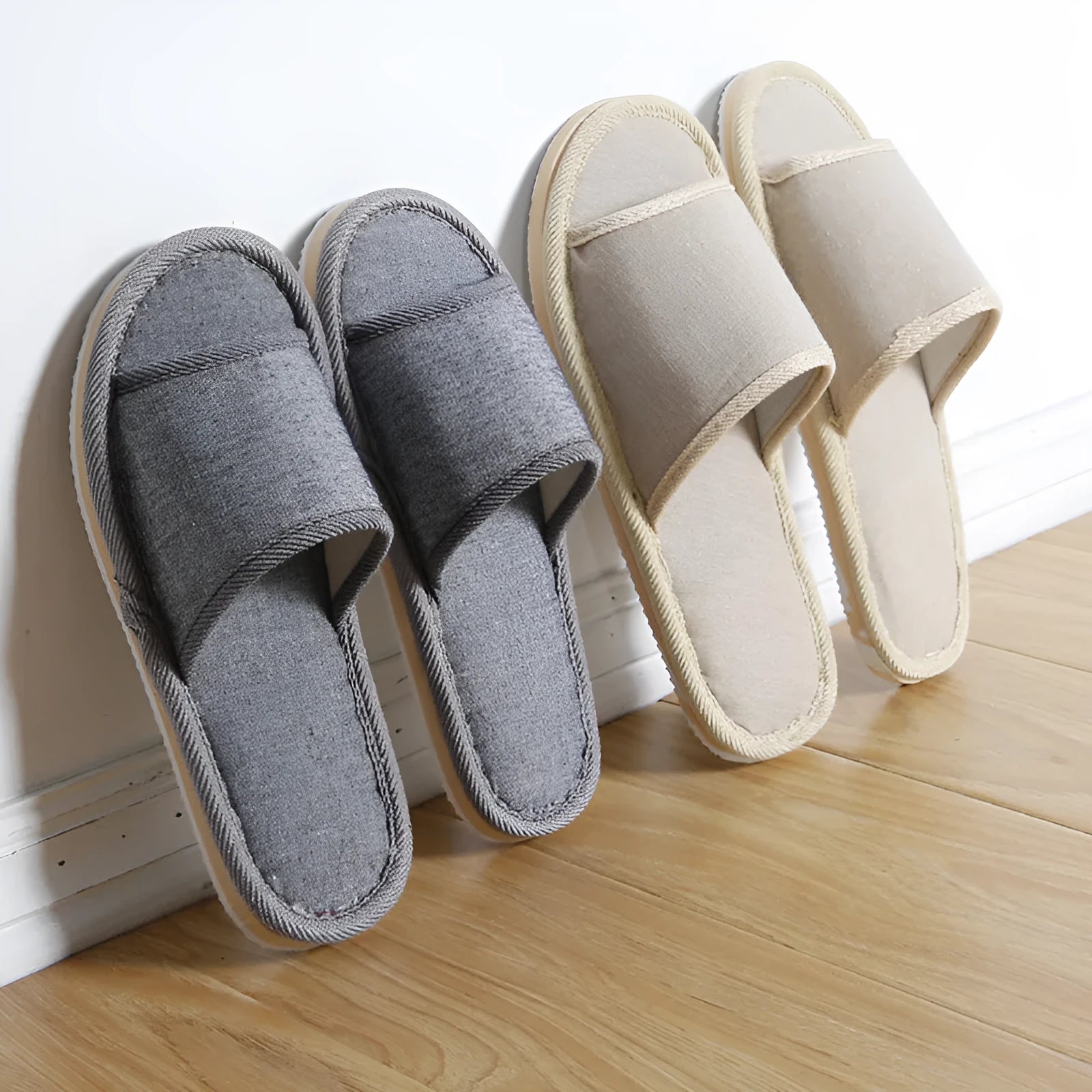 Couples indoor slippers solid colour anti-slip EVA sole open toe cloth cover beige