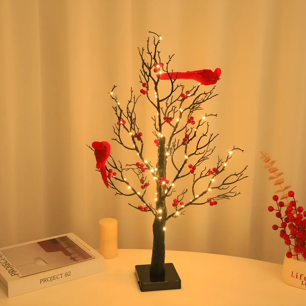 Luminous red bird winding tree lamp with 60 lights on a 53cm plastic frame, festive indoor decoration
