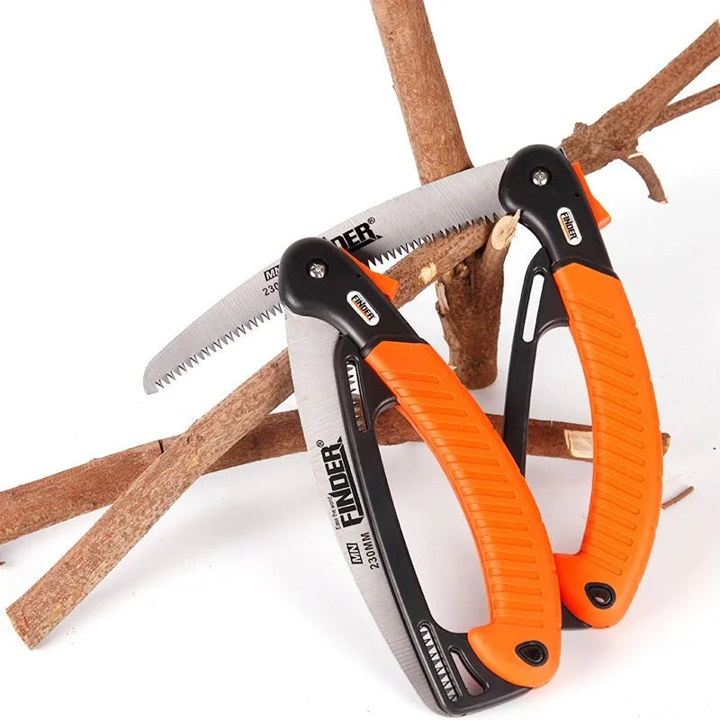 A folding garden hand saw with a 230mm steel blade and black TPR grip, shown both open and closed.