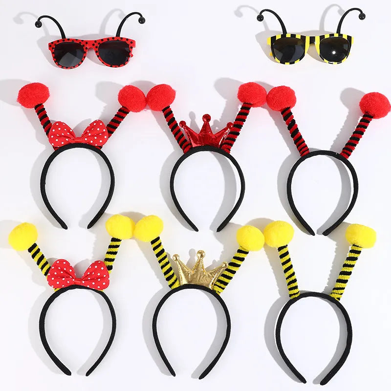Child's insect costume headband and glasses set for dress-up, showing bee, butterfly, and ladybug themes.