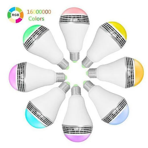 E27 LED smart bulb with integrated Bluetooth speaker showing dimensions and RGB lighting capability