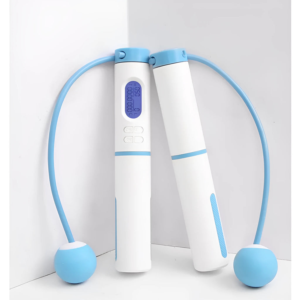 Smart cordless skipping rope with counter in blue or black plastic, cordless ball design for home fitness
