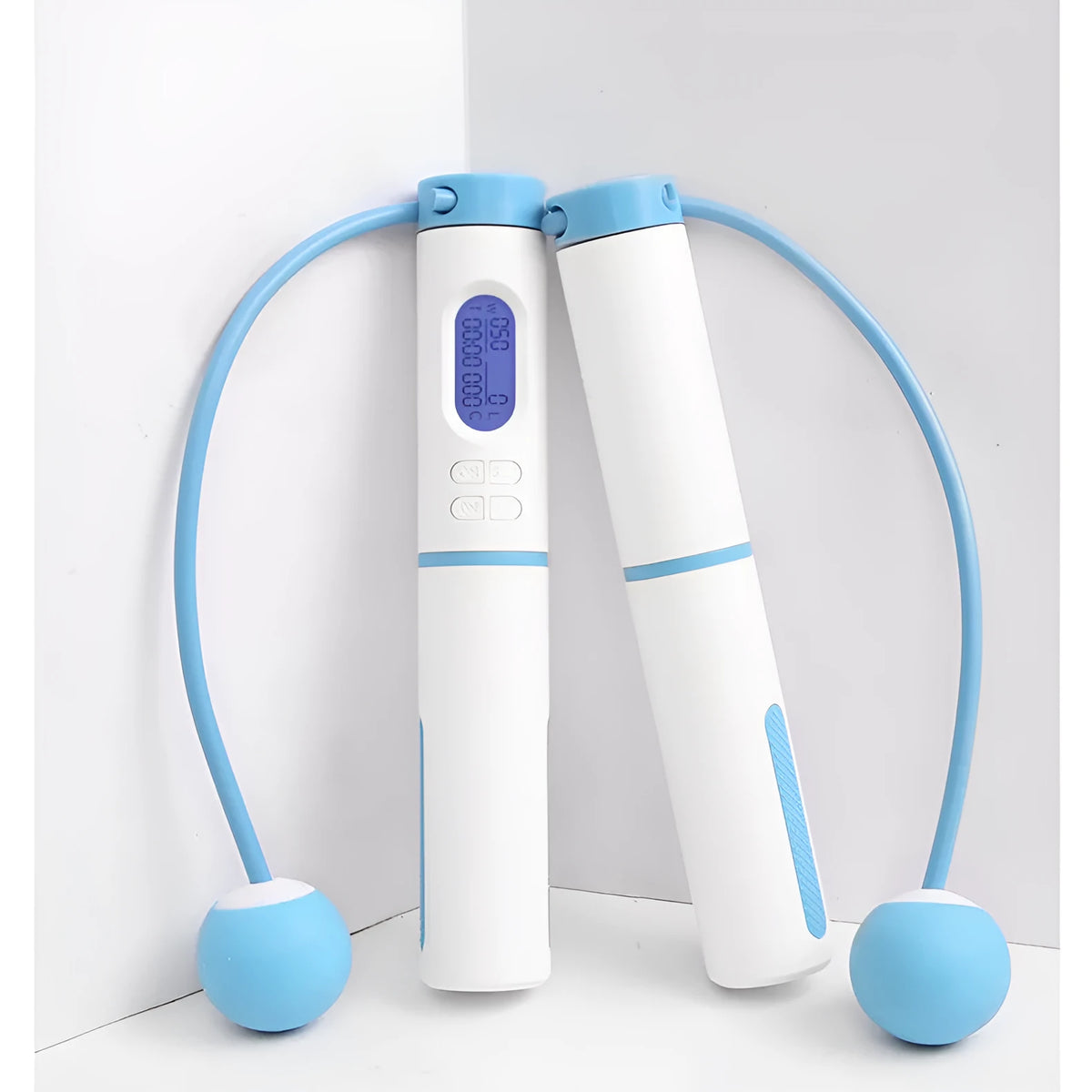 Smart cordless skipping rope with counter in blue or black plastic, cordless ball design for home fitness