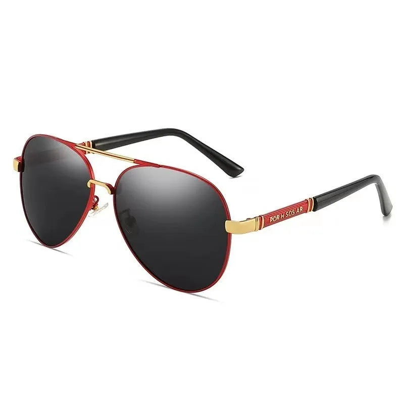Men’s polarized metal sunglasses with grey lenses, black frame and dragon phoenix detail