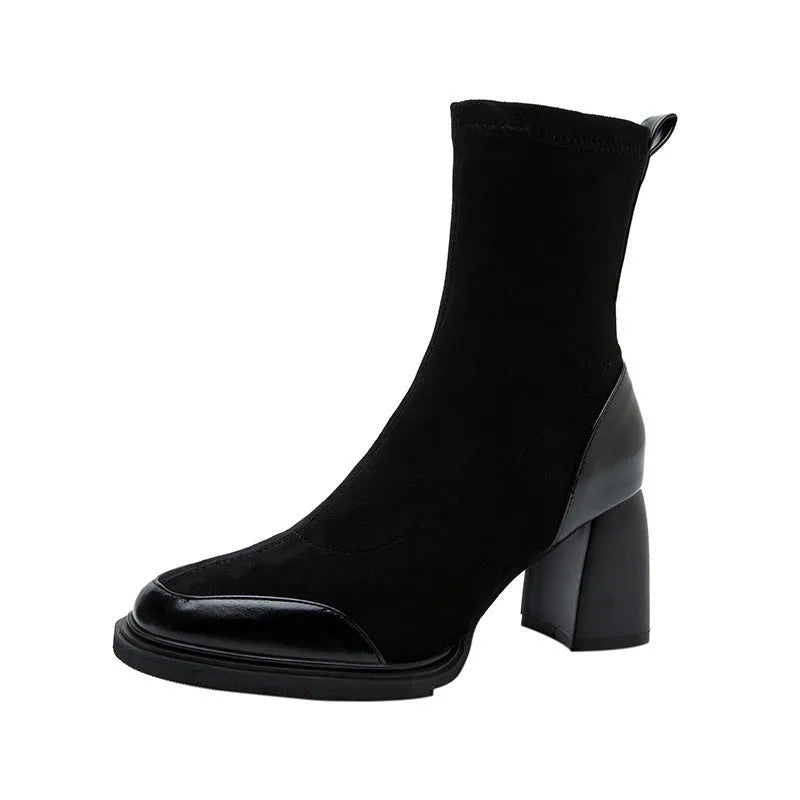 Black cowhide women's short Martin boots with 6-8cm high heel, rubber sole, low tube, single or fleece lining