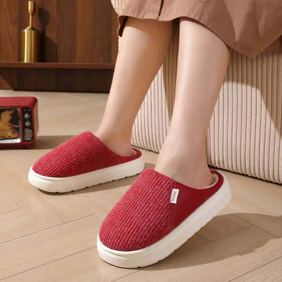 Winter warm plush home slippers with knitted fabric upper and thick TPR sole in multiple colours