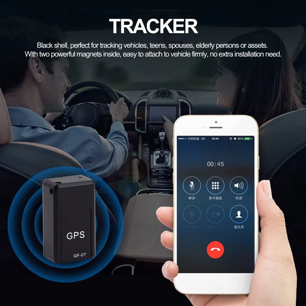 Black mini magnetic GPS tracker, 35×20×14mm, rechargeable with USB cable