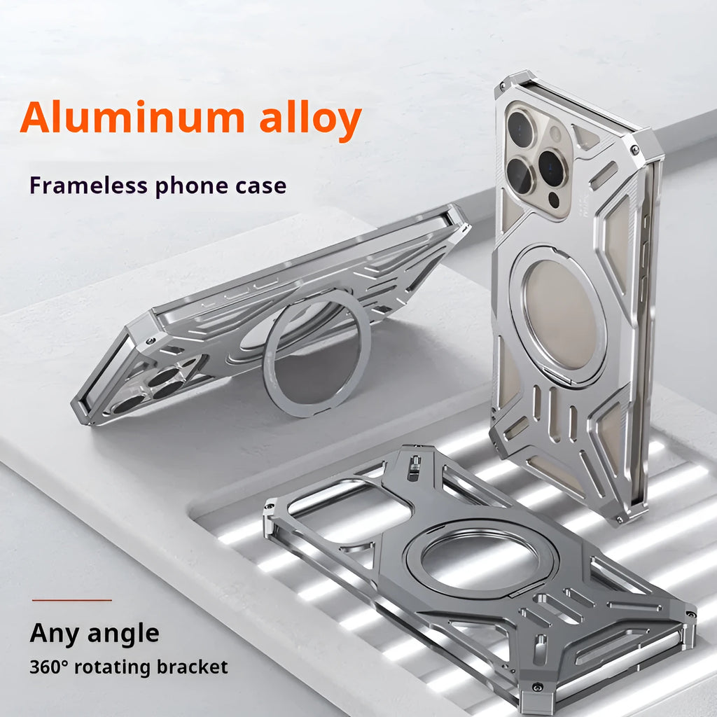 M10 aluminum alloy phone case with 360° rotating bracket in deep space gray for iPhone 16 Pro Max