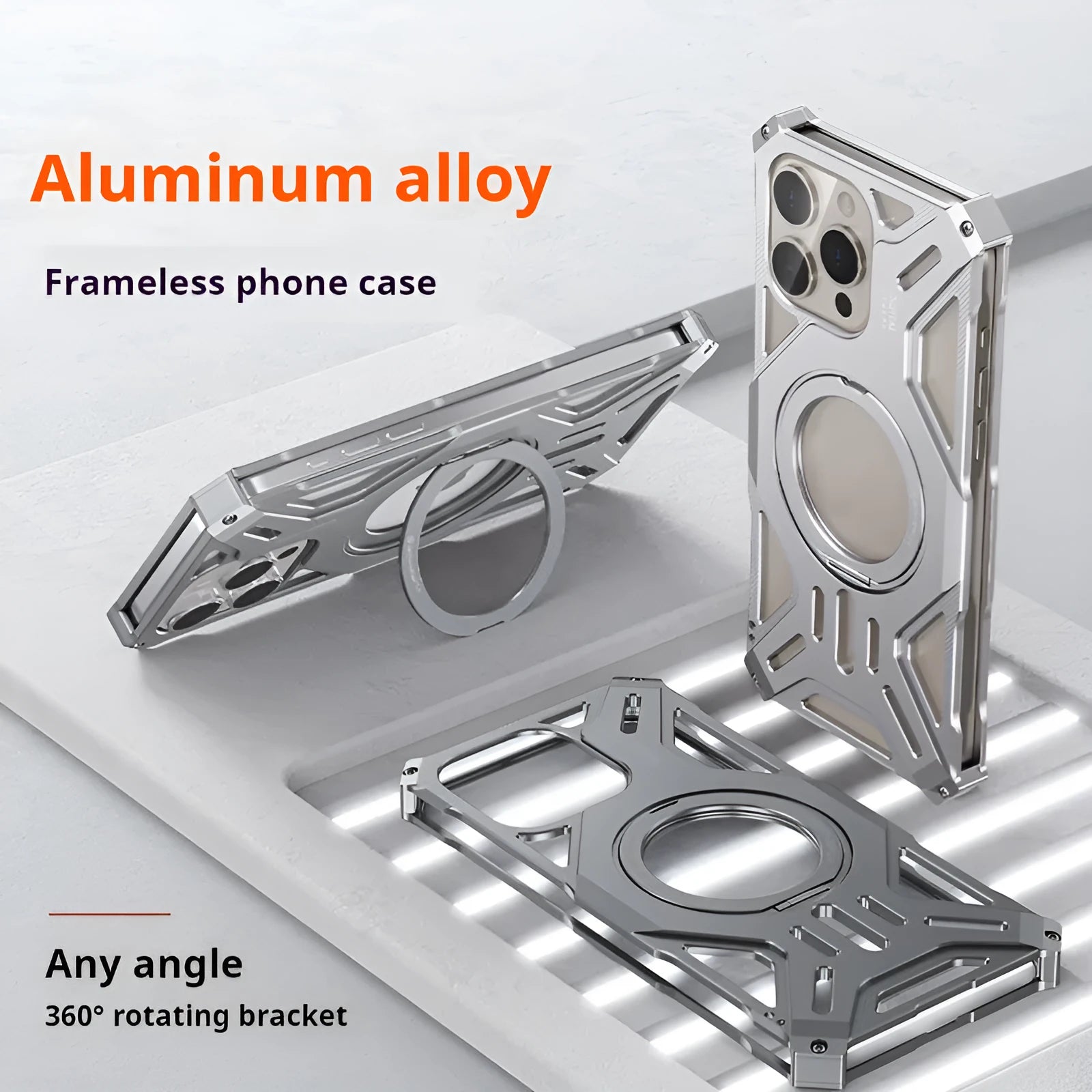 M10 aluminum alloy phone case with 360° rotating bracket in deep space gray for iPhone 16 Pro Max