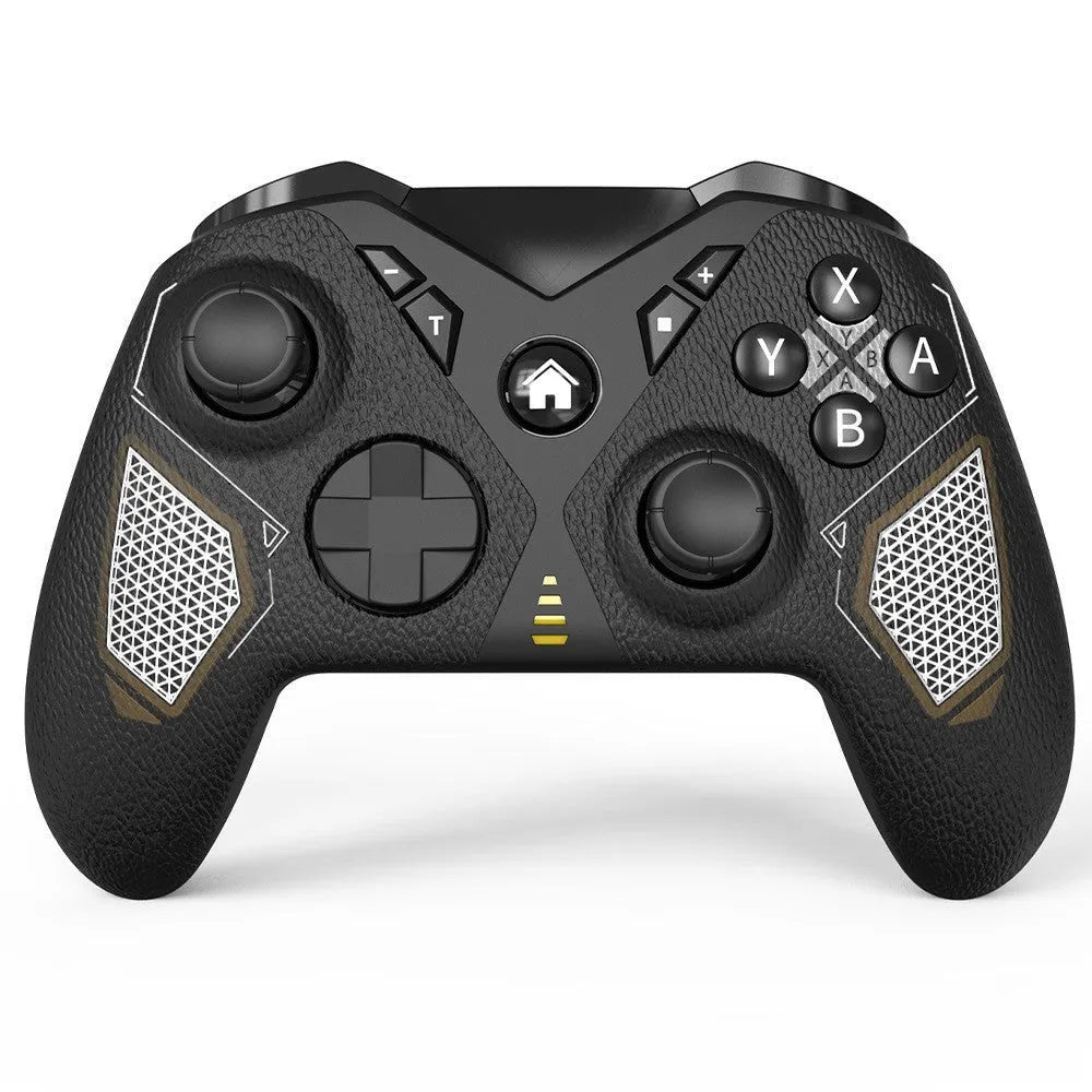 Black wireless game controller with leather-like texture, shown front and back, with Type-C port.