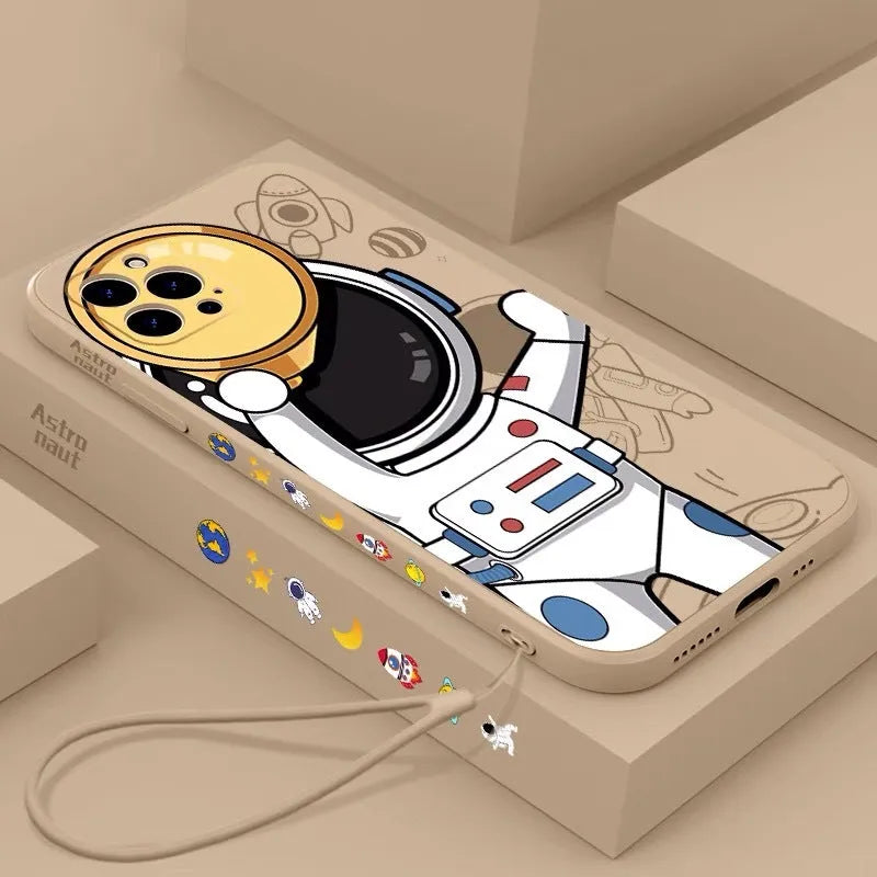 Silicone iPhone case with cartoon astronaut and planet design in black, khaki, or sea blue.