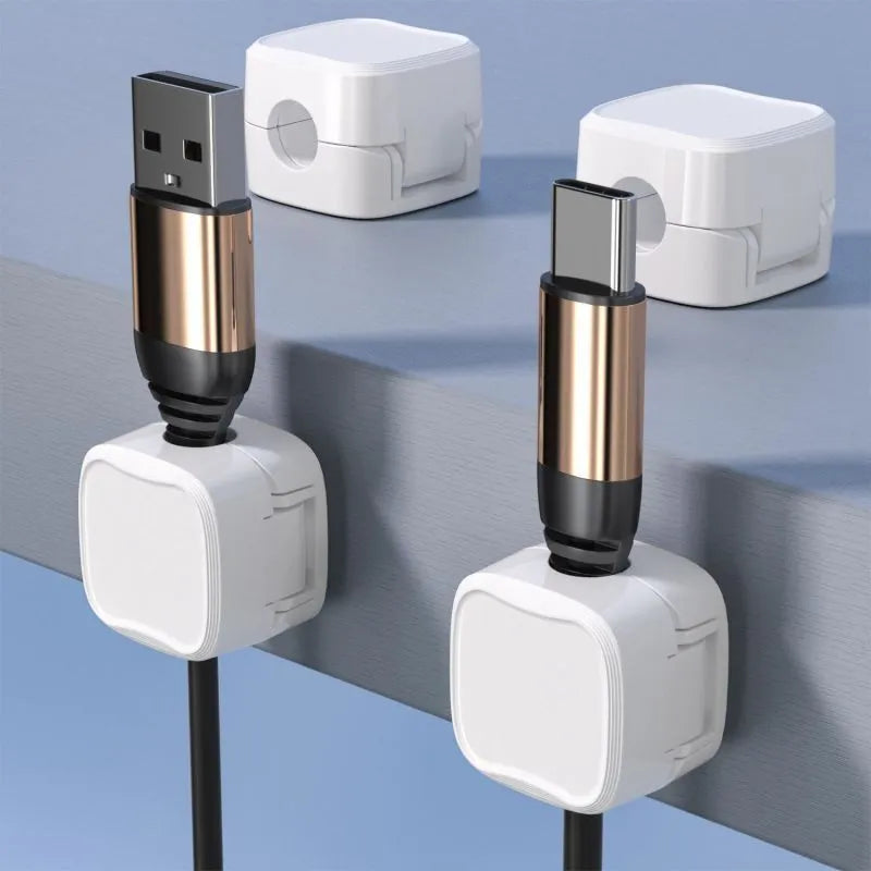 Magnetic cable clip under desk cable management organizer in black or white with adhesive backing