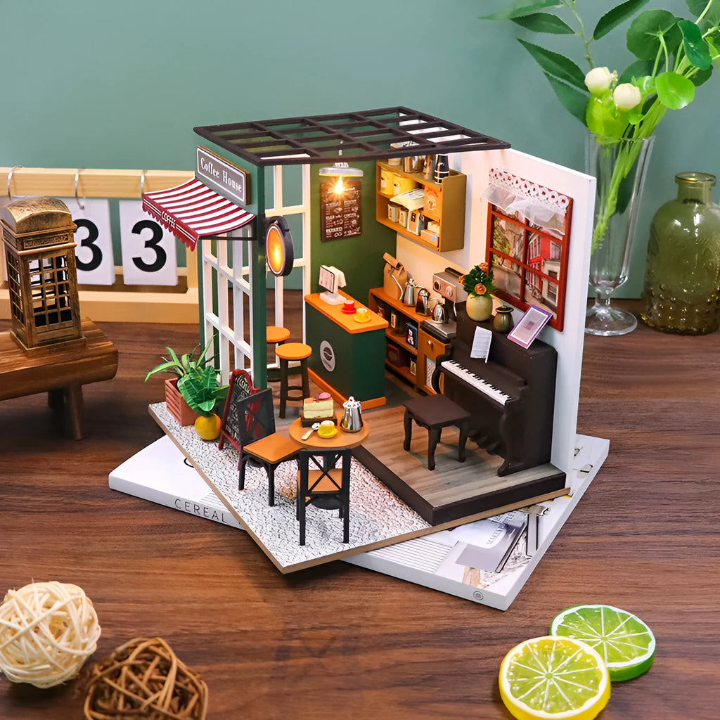 Wooden coffee shop doll house model kit with flash function and wooden construction
