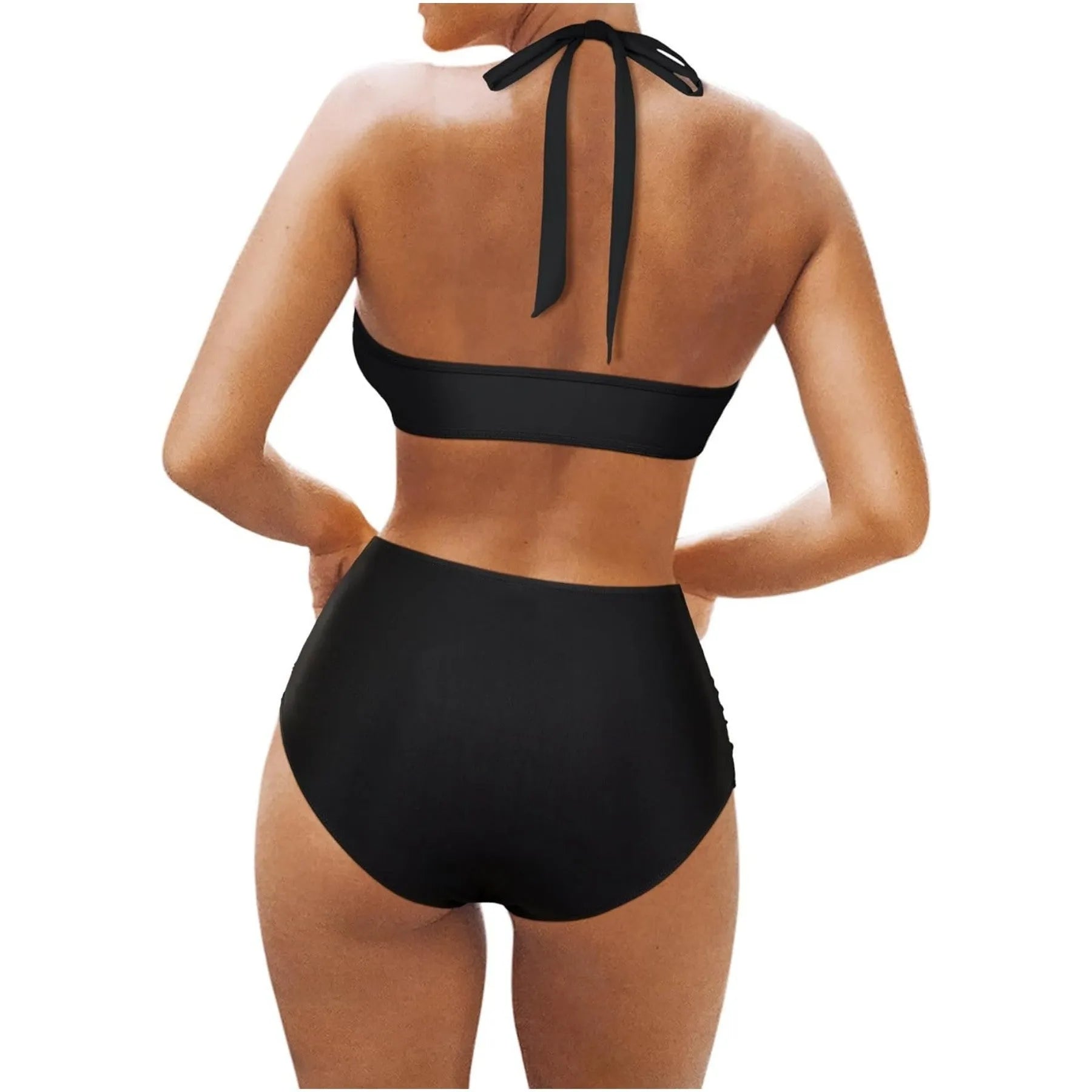 Women's split bikini swimsuit in black, rose red and leopard print colours, briefs style.