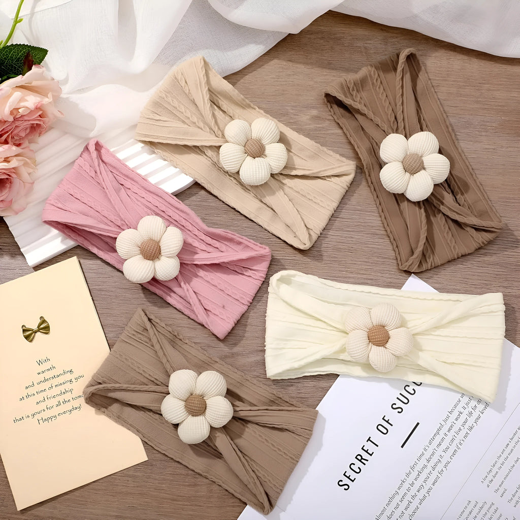 Soft nylon baby flower headbands for newborns, toddlers, in beige, pink, khaki, brown, white colours
