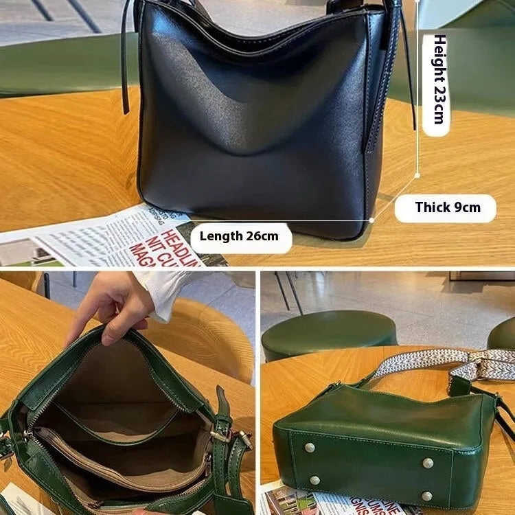 Genuine leather women's messenger bag with multiple internal compartments in black, sugar brown, golden brown, or dark green.