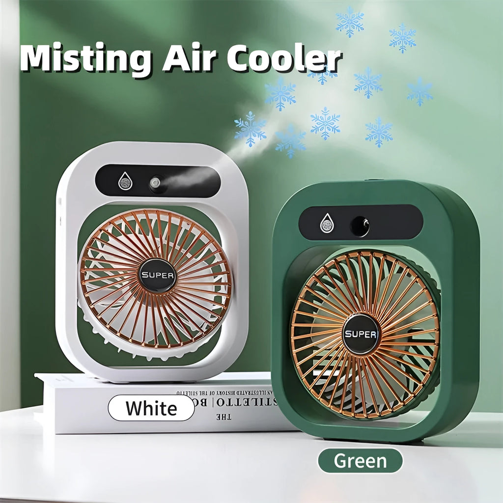 USB misting fan and humidifier in green or white, with three wind speeds and adjustable direction