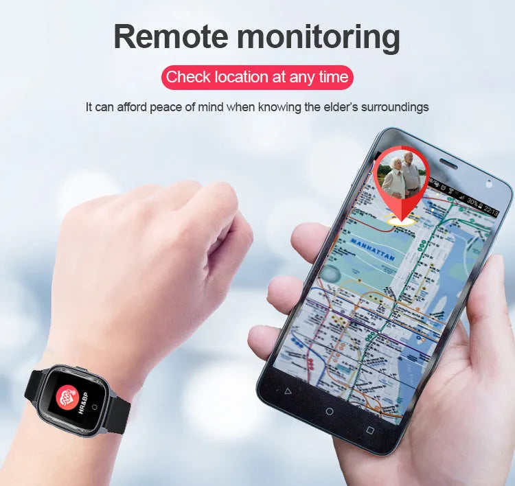 Black elderly positioning smart watch with 1.4 inch screen, plastic body, plus button, and wrist strap