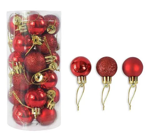 Assortment of 3cm diameter shiny matte plastic Christmas baubles in gold, red, silver, blue, and pink colours.