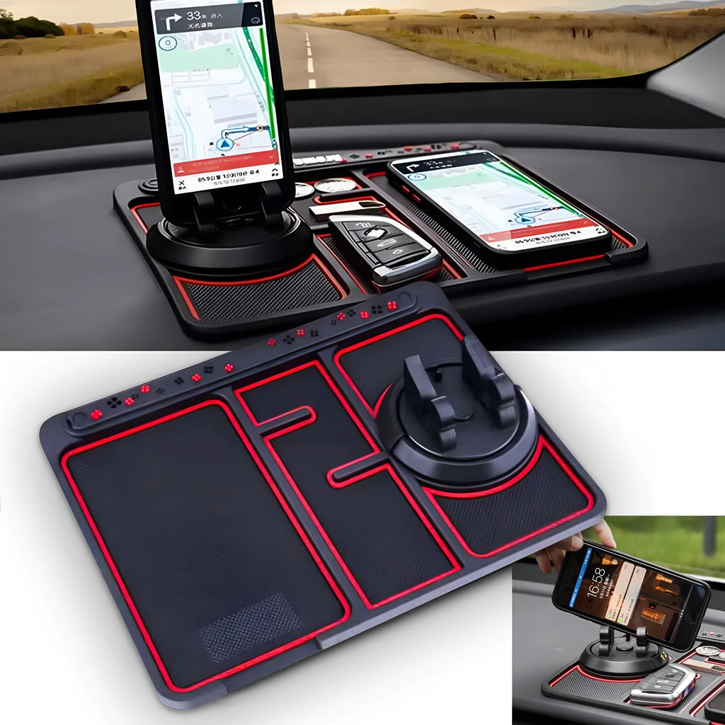 Non-slip car phone pad in black with red edge, showing 4-in-1 functions including phone holder and aromatherapy holes