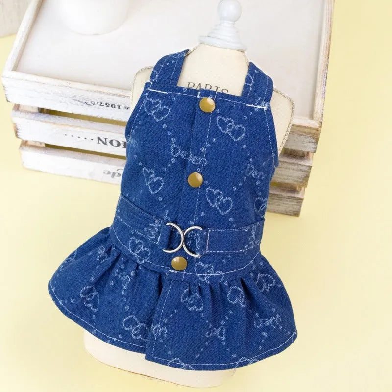 Denim princess dress for small Teddy or Bichon dog in bracket skirt style