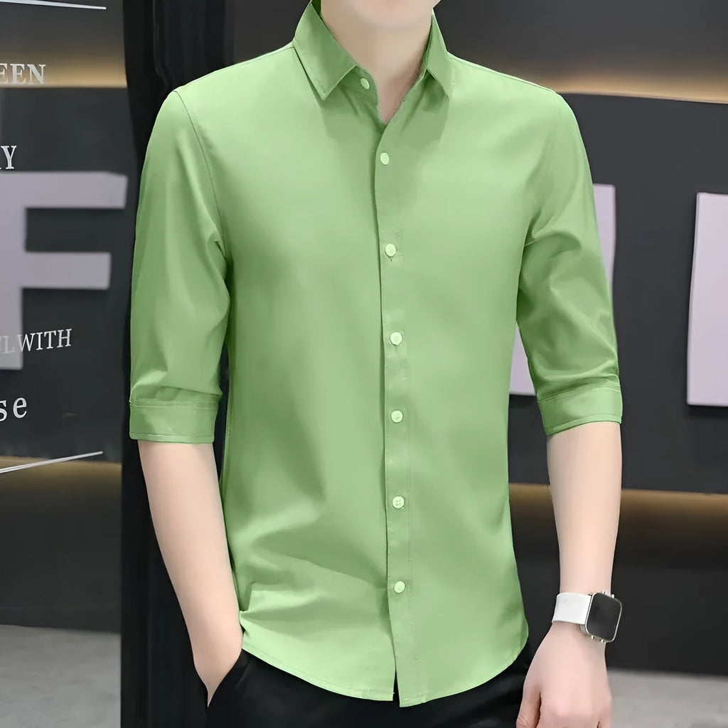 Men's slim-fit half-sleeve shirt in linen and silk blend available in multiple colours.