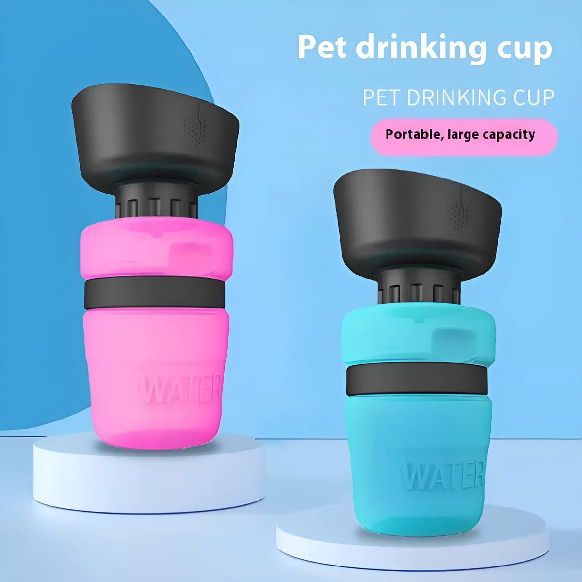Foldable dog travel water bottle 520ml with fold-cap bowl, food-grade silicone and HDPE, Blue Rose Red Tiffany Blue