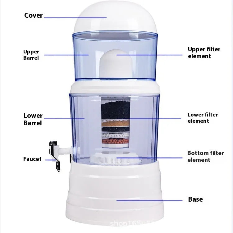 Blue plastic household water purifier with activated carbon filter, 25.3 x 59 cm, eight-layer filtration