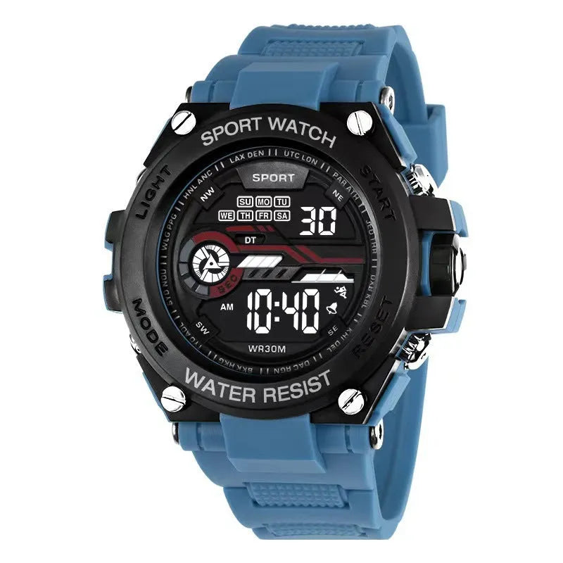 Fashion electronic watch for teenagers displayed in one of ten available colour options.