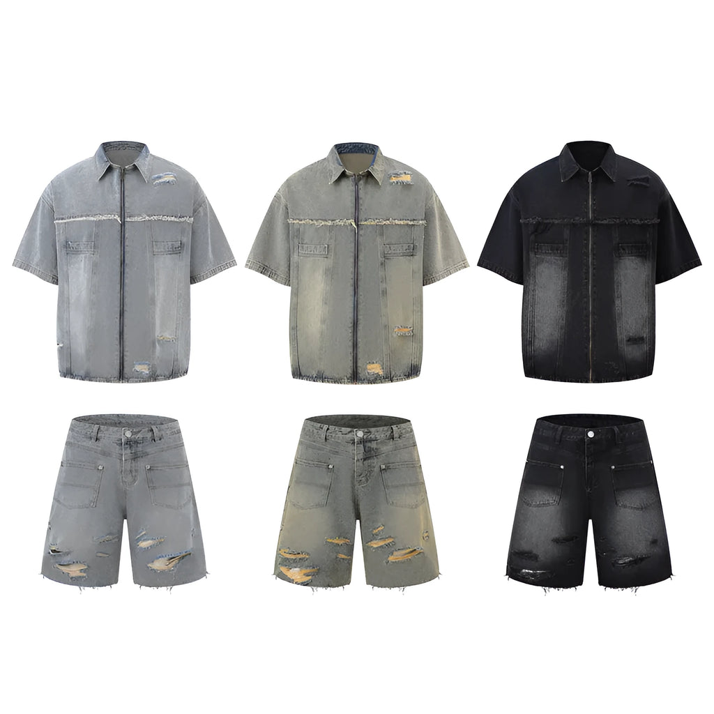 Denim overalls suit in loose street style with short sleeve top and full length trousers