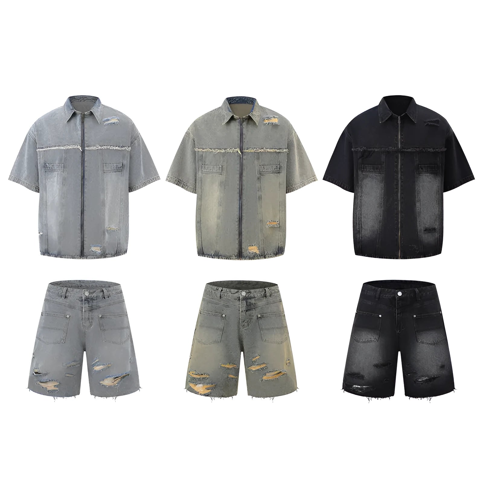 Denim overalls suit in loose street style with short sleeve top and full length trousers