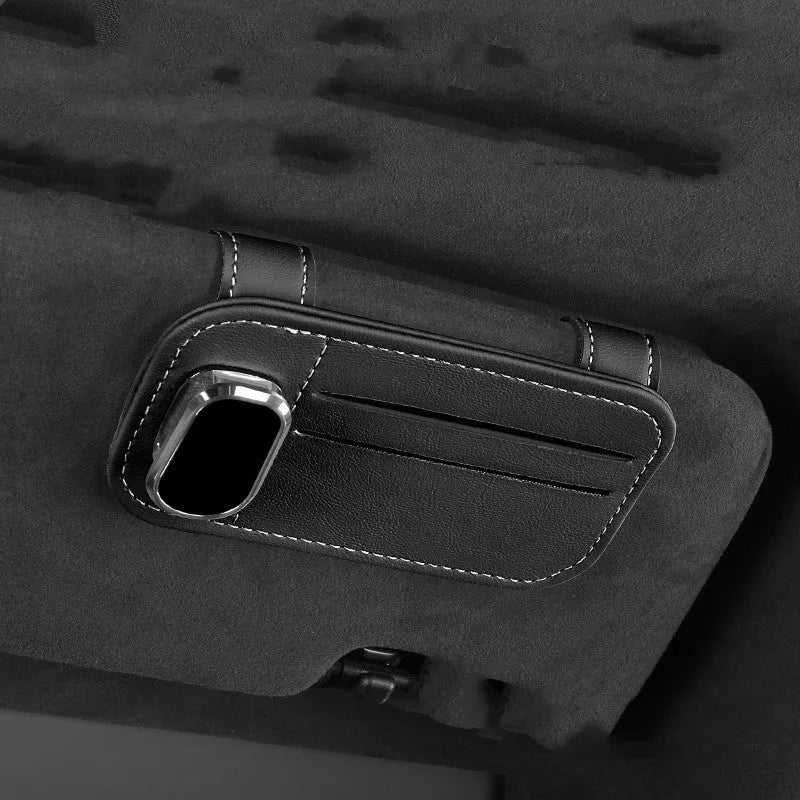 Genuine cowhide leather car sun visor organiser with card slots and integrated glasses clip