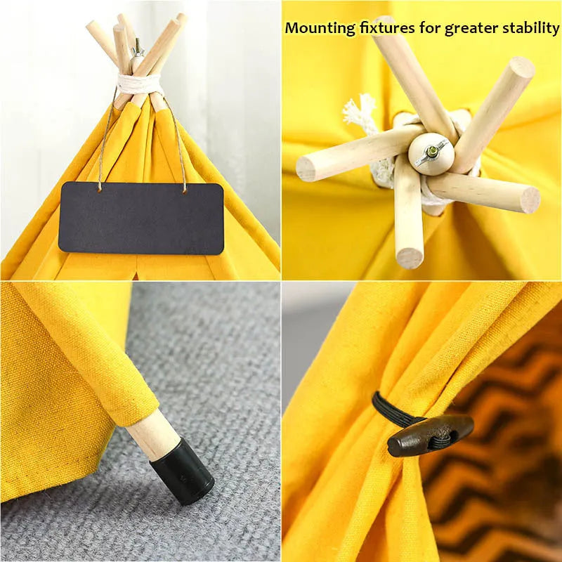 Striped flax linen pet teepee tent with cushion for small dogs or cats.
