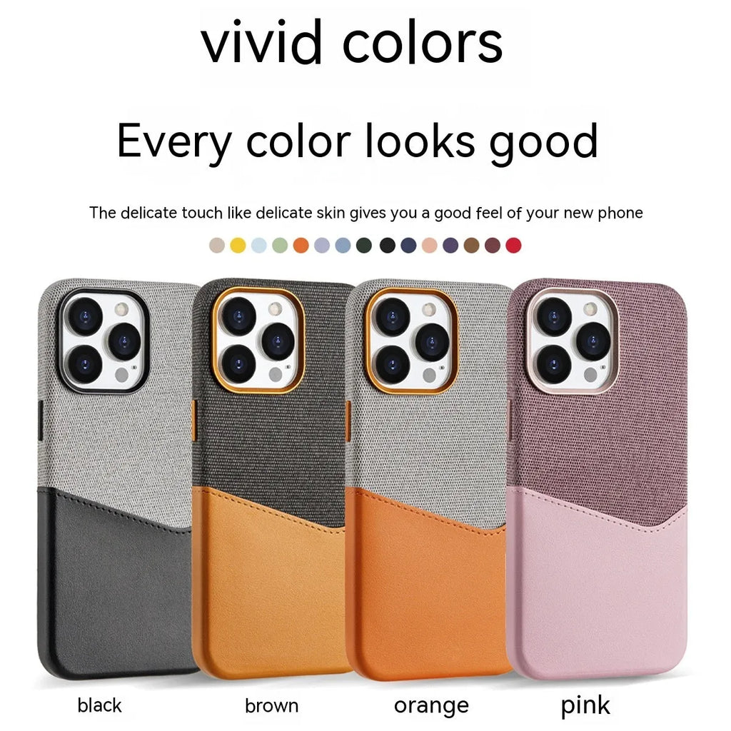 Imitation leather phone case with magnetic card slot, available in black, brown, pink and orange for iPhone 12-15 series.
