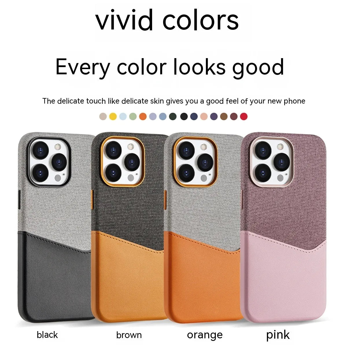 Imitation leather phone case with magnetic card slot, available in black, brown, pink and orange for iPhone 12-15 series.