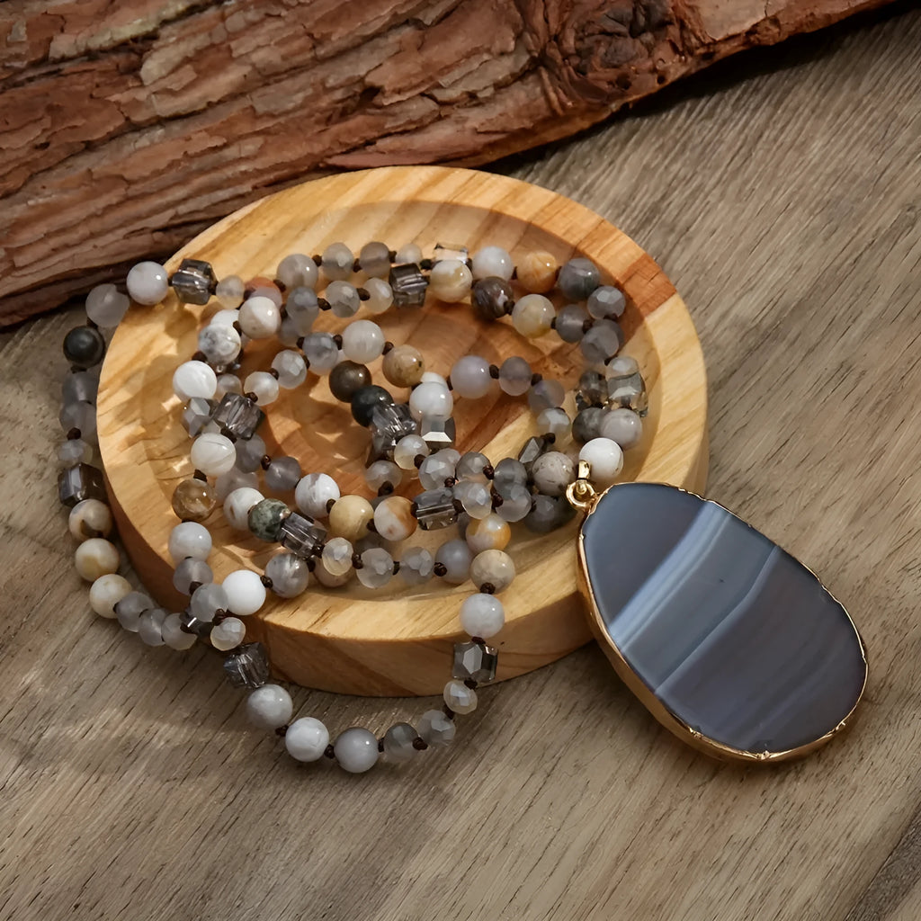 Bohemian 6mm natural stone striped agate water drop pendant necklace, 81cm knotted chain, handmade women's jewellery