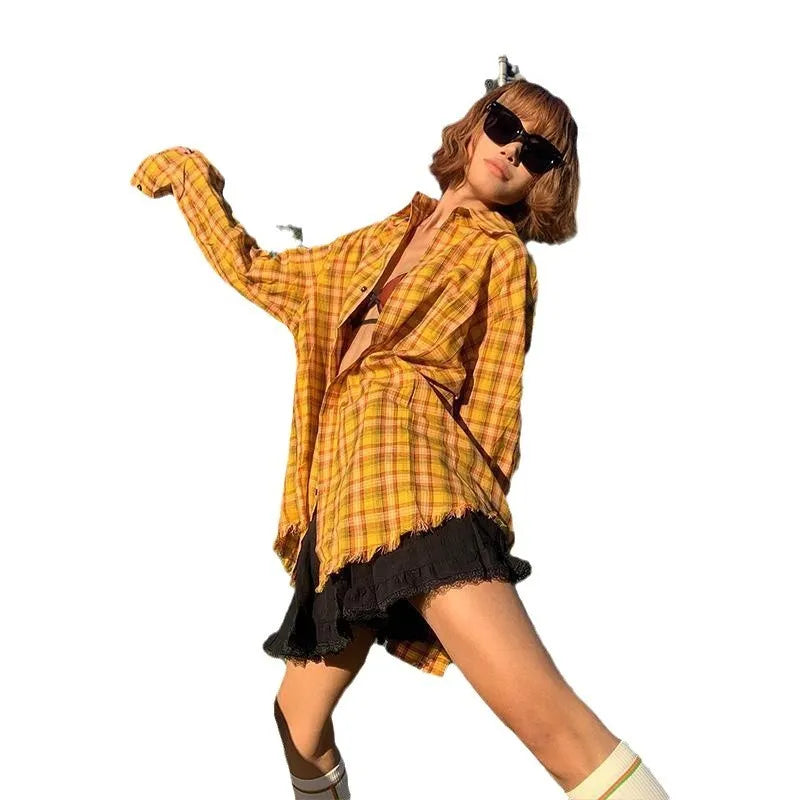 Dopamine Yellow and black plaid pattern on a loose-fitting unisex cardigan-style shirt.