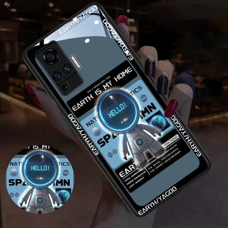 Astronaut luminous tempered glass phone case for Samsung with glow effect, blue colour, rear cover view