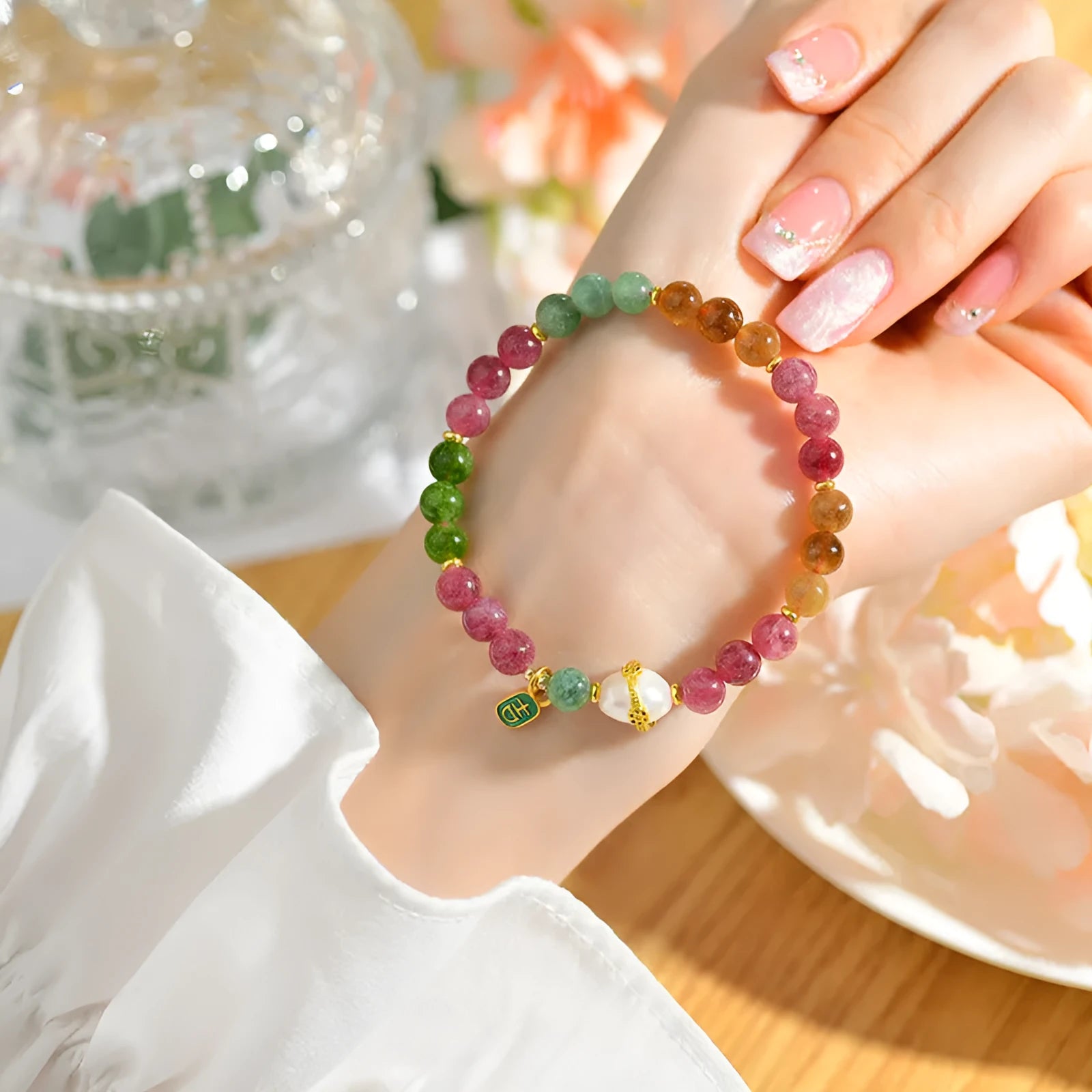 Tourmaline geometric bracelet with 6.5mm natural chalcedony beads