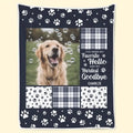 White flannel dog blanket laid flat showing soft texture, with size options for pet beds.