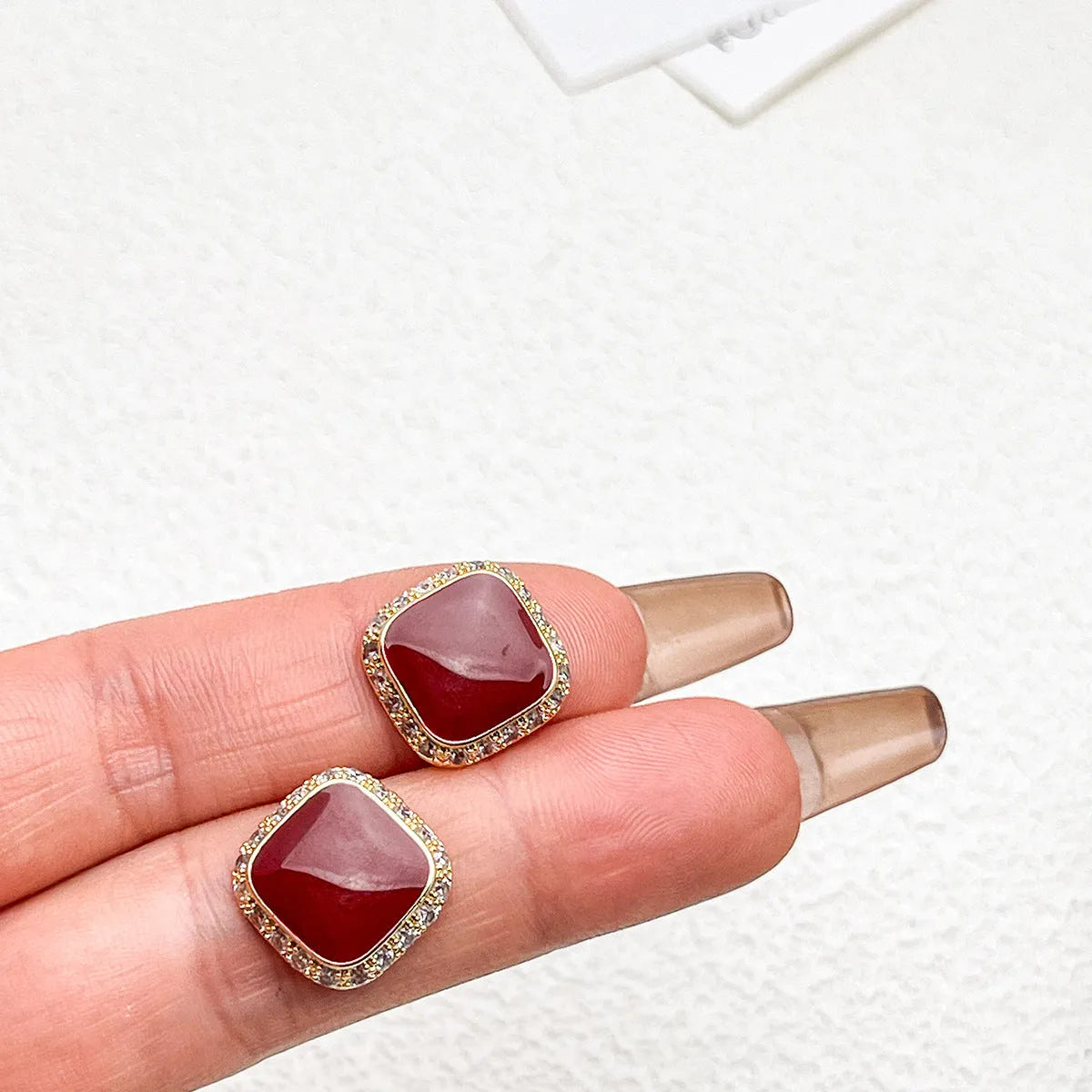 Retro red square geometric earrings with simple inlaid design