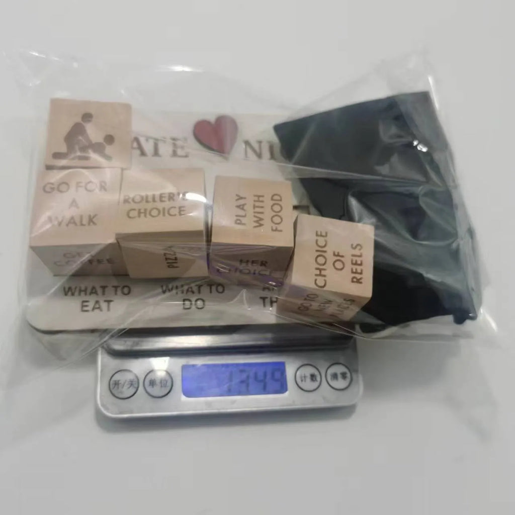 Wooden date night dice set with five decision dice, planner board, and black storage bag for couples