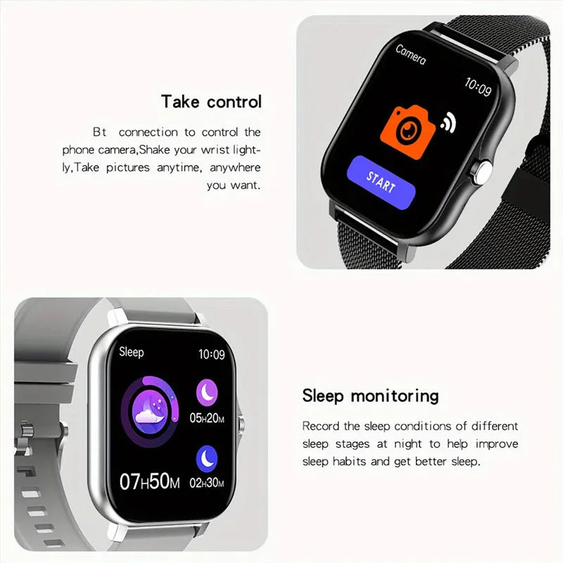 Smart watch with 1.44-inch colour touch screen displaying a heart rate graph, with a black steel strap on a wrist.
