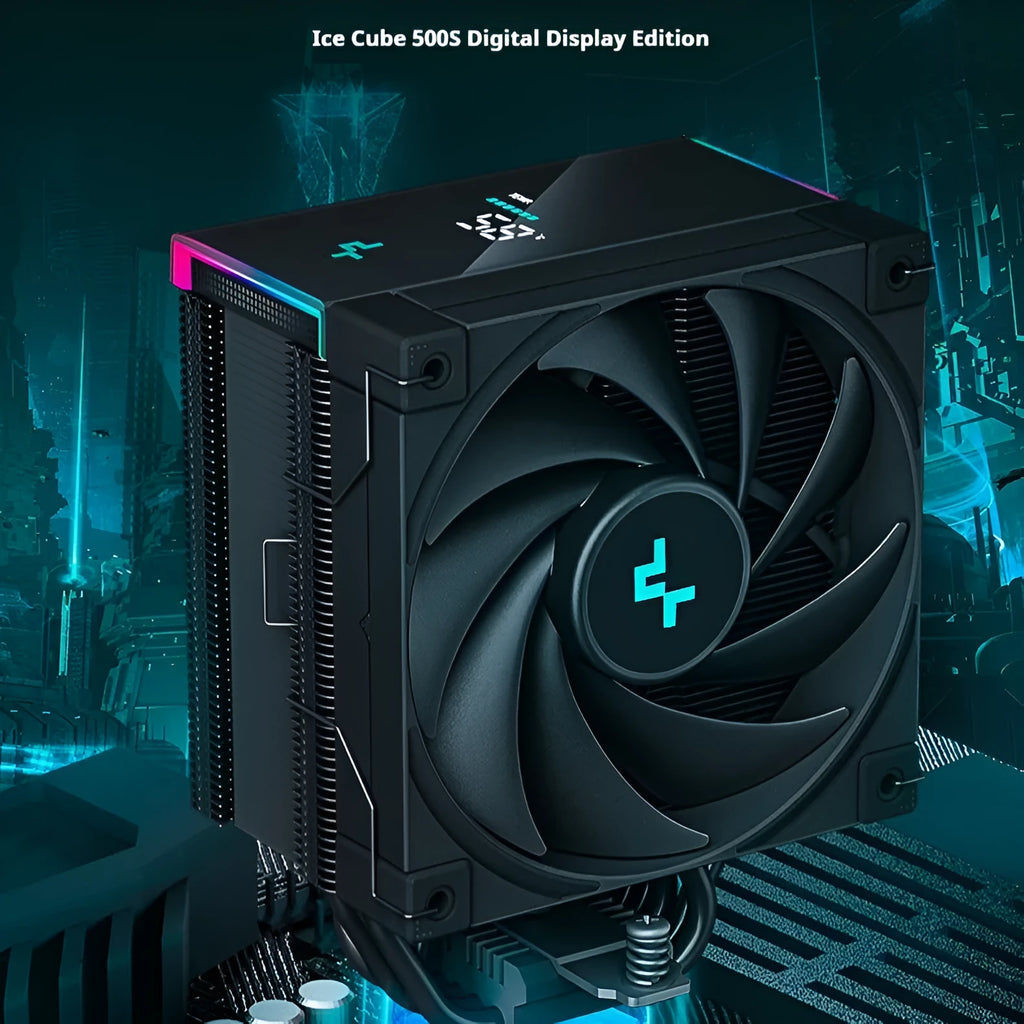 DeepCool AK Series black CPU tower air cooler with digital display and dual fans
