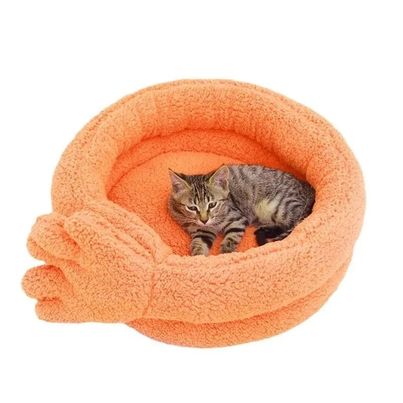 Yellow thickened oval pet kennel with plush interior, raised base, for cat or small dog.