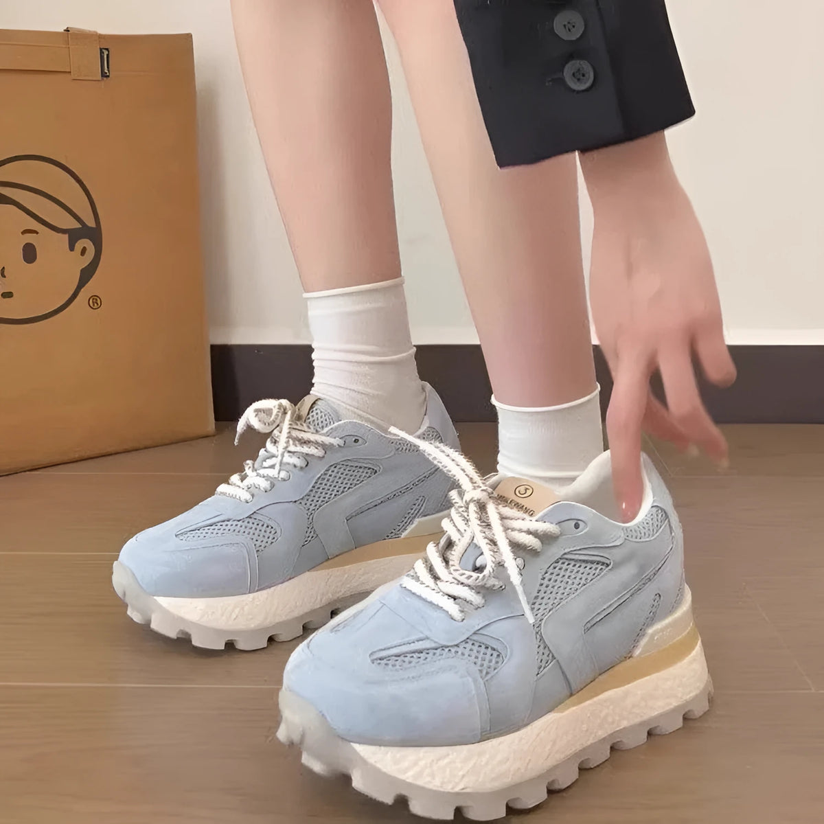Women's platform sneakers with height-increasing insole, synthetic leather upper, rubber sole, mid heel 3-5cm, blue apricot yellow