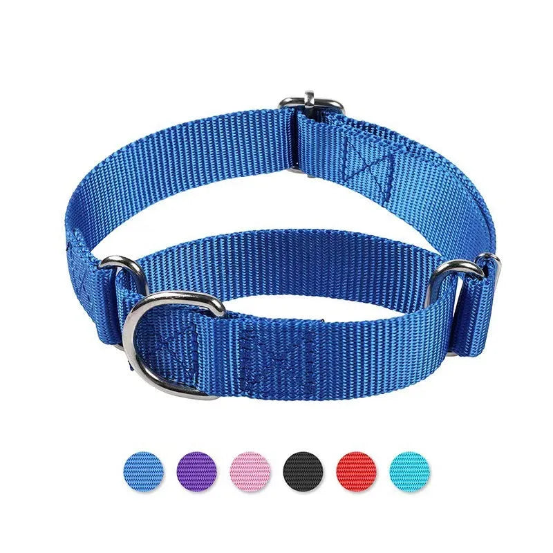 Adjustable nylon cat and dog collar with explosion-proof buckle and hand holding rope, shown in seven colours
