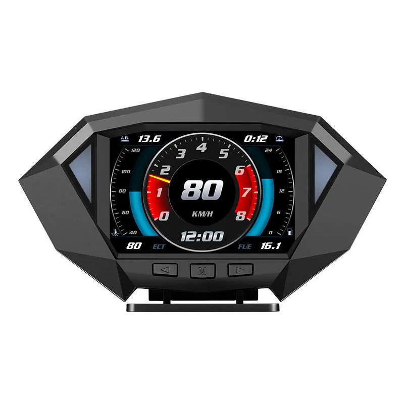 Black car head-up display HUD unit with OBD cable on a car dashboard.