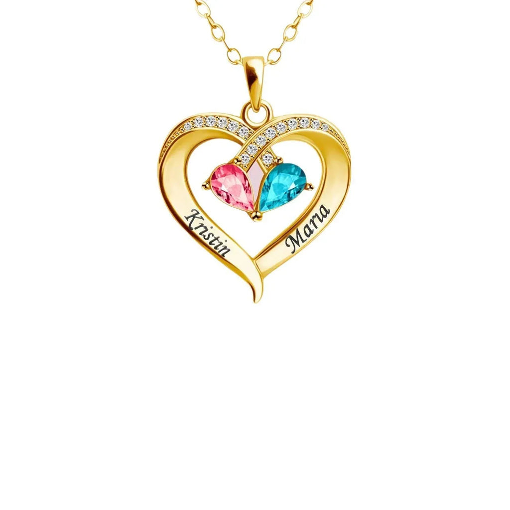 Women's heart necklace with two-tone water drop pendant and peach birthstone in electroplated copper