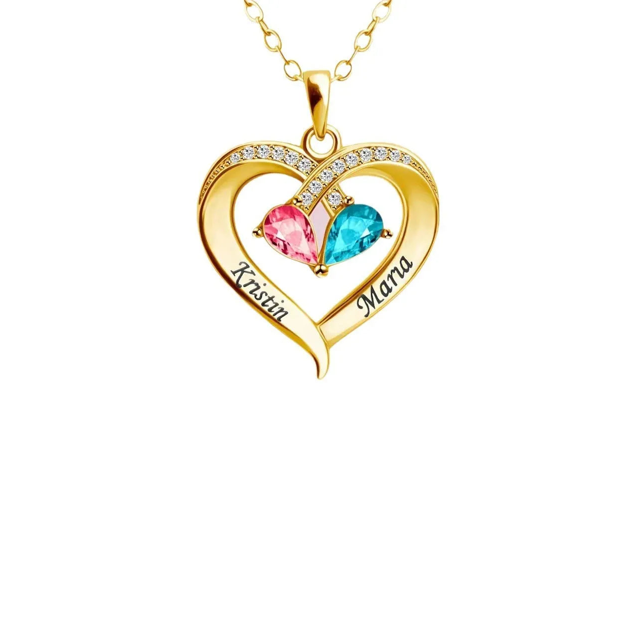 Women's heart necklace with two-tone water drop pendant and peach birthstone in electroplated copper